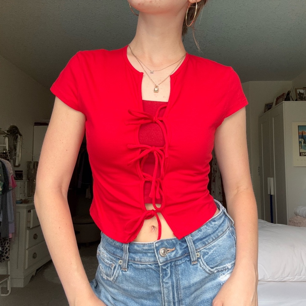 cider red lace up tie detail short sleeve top